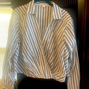 NWT  white with black stripes cropped faux wrap shirt